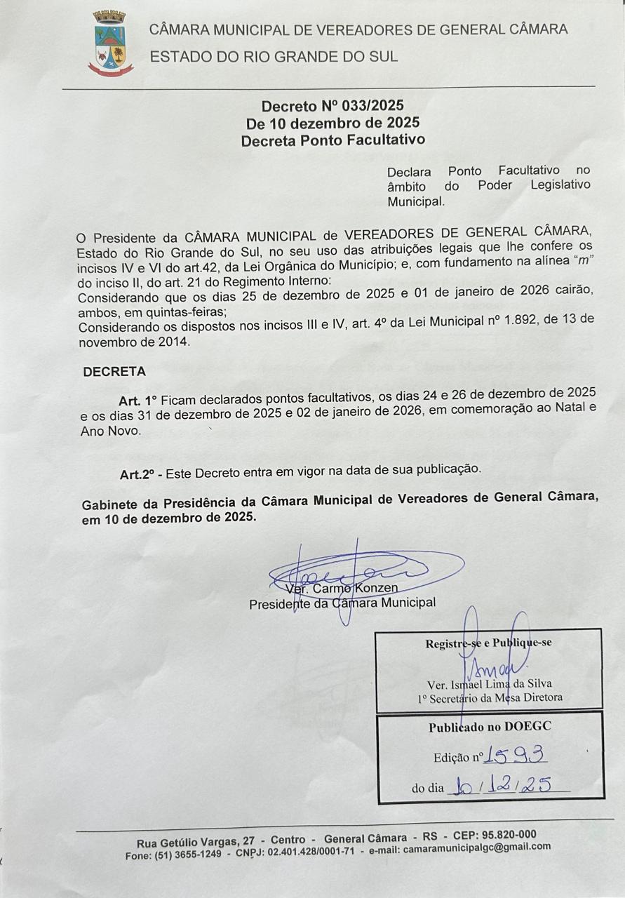 Declara ponto facultativo no âmbito do Poder Legislativo Municipal.