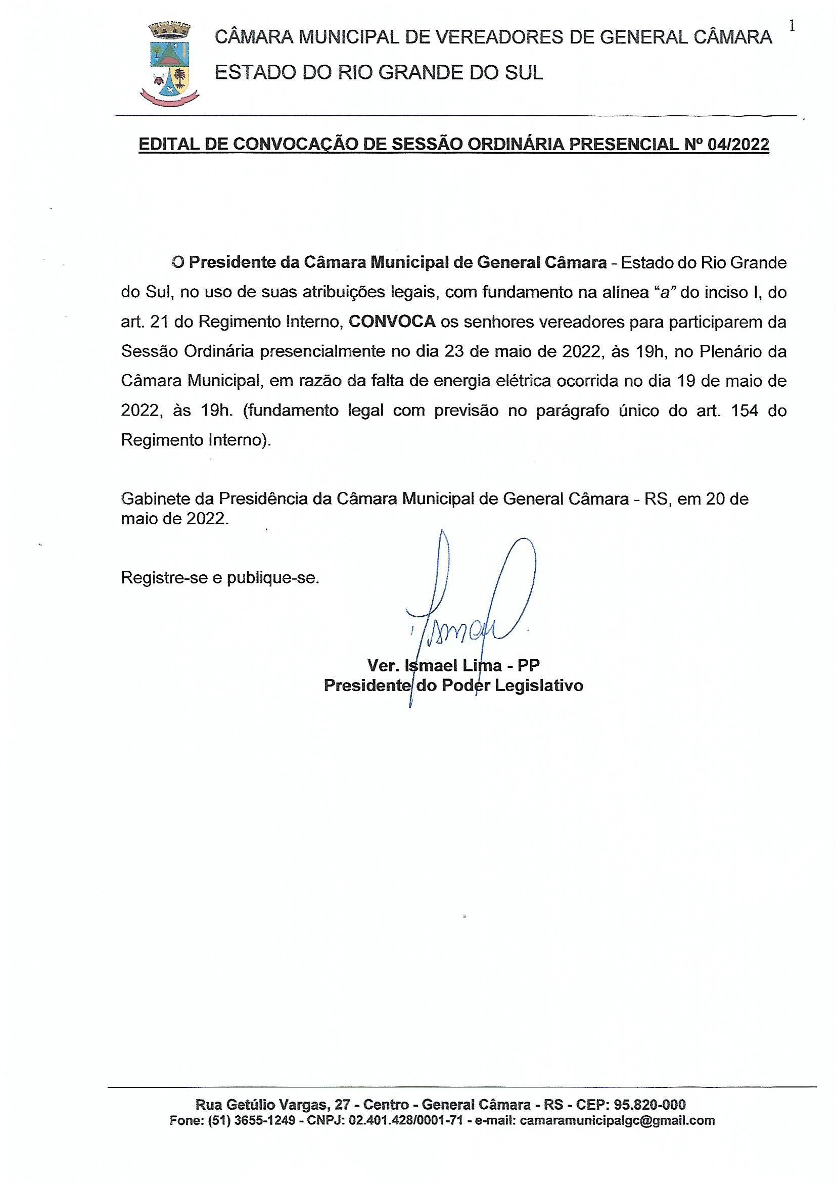 EDITAL DE CONVOCAÇÃO DE SESSÃO ORDINÁRIA PRESENCIAL Nº 004/2022