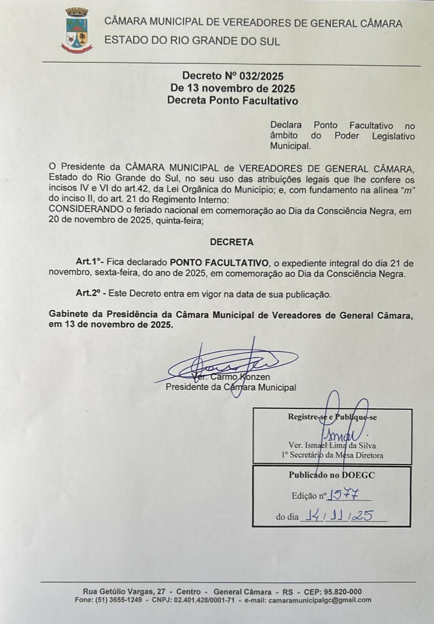PONTO FACULTATIVO, o expediente integral do dia 21 de novembro, sexta-feira, do ano de 2025, em comemoração ao Dia da Consciência Negra.